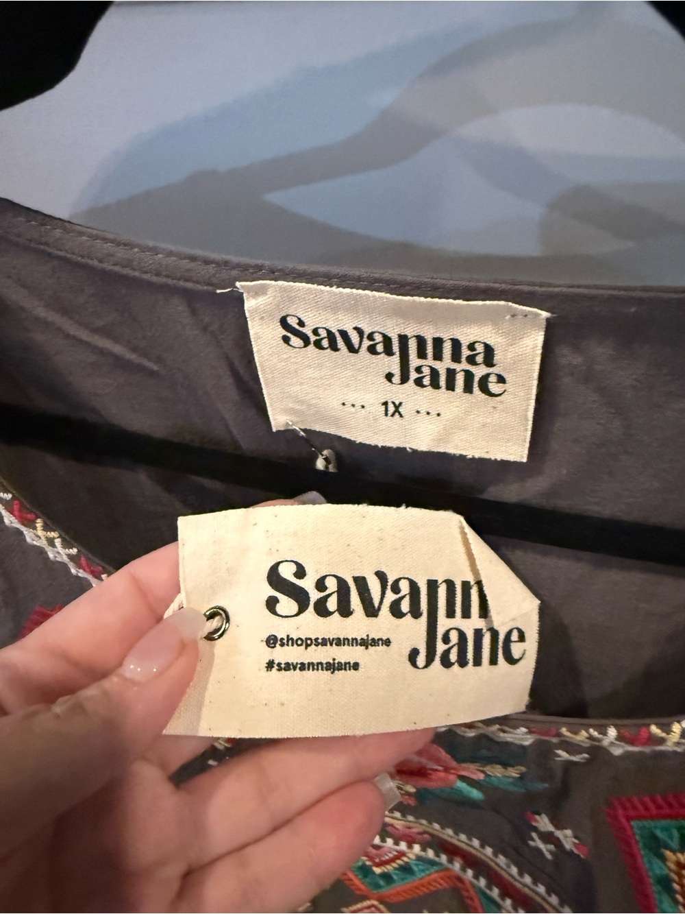 Savanna Jane Gray Embroidered Boho Blouse with Pink & Teal Floral Accents - Picture 5 of 5